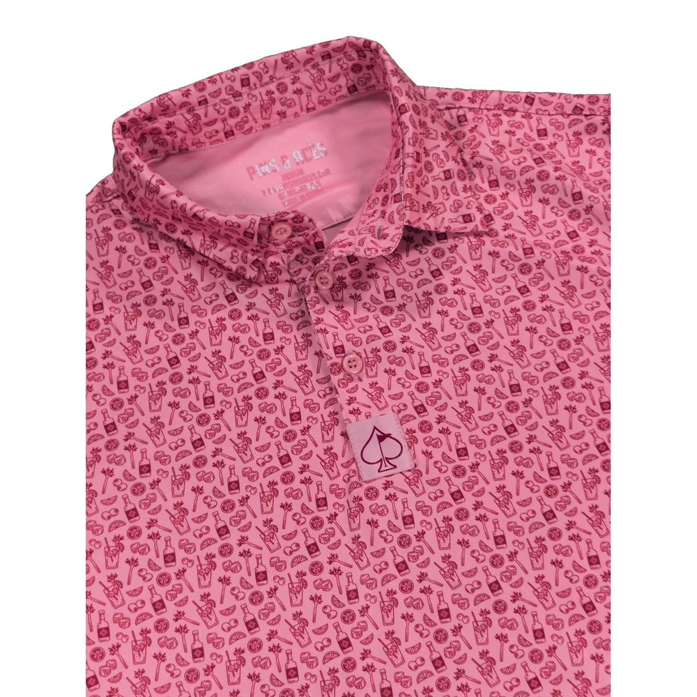 Pins & Aces Golf Polo Mens Medium Pink Cocktail Print Spade Logo Performance
